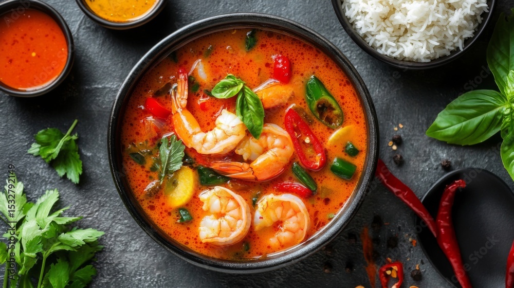 Poster an artistic arrangement of a bowl of tom yum soup with fresh shrimp and colorful vegetables, complem