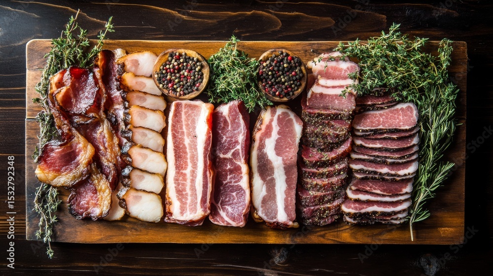 Aufkleber an artistic arrangement of different types of bacon, including thick-cut and regular, displayed on a