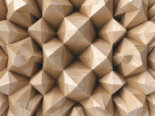 Abstract digital artwork featuring a geometric pattern of three-dimensional wooden polygons with visible grain, creating a modern textured background.