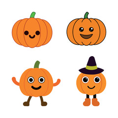 Flat Style Halloween Pumpkin Kawaii Clipart – Classic, Dancing, Wearing, and Winking Designs – Set 1