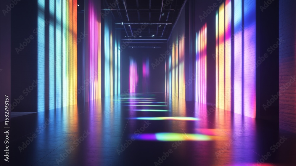 Poster An artistic shot of colorful LED lights illuminating a dark room, with vibrant patterns reflecting off surfaces, creating a playful and dynamic ambiance