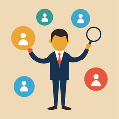 Businessman Analyzing Customer Profiles Vector Illustration