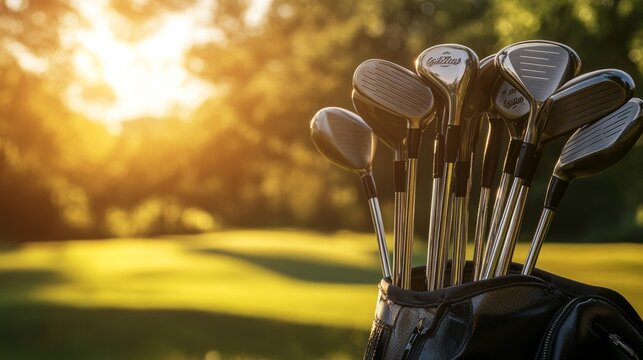An artistic view of golf clubs arranged neatly in a golf bag, with the sunlight filtering through, highlighting the craftsmanship and elegance of the equipment