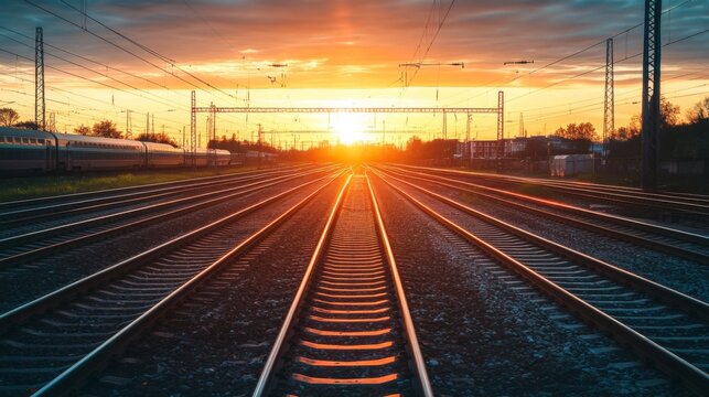 An artistic view of train tracks converging into the distance, with a dramatic sunset casting long shadows and creating a sense of journey and adventure