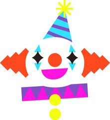 Stylized clown face is showing in flat design on transparent background with party hat, collar