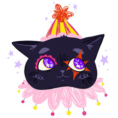 Flat design cat head is wearing striped party hat, ruffle collar, stars, transparent background