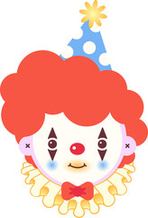 Flat design clown head graphic is floating on transparent background, showing red hair, party hat