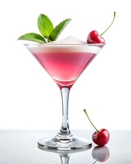 Elegant pink cocktail with foam, cherry garnish, and mint leaves in a martini glass isolated on white background