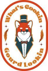 tuxedo fox is standing inside orange oval in flat illustration with stars on clear background