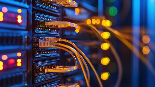 Illuminated Server Room: Network Infrastructure Close-Up