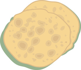 Pair of flatbreads are overlapping in flat design on transparent background, showing brown spots