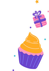 Flat graphic showing cupcake with two-tone frosting, present, star, dots on transparent backdrop