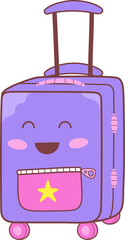 Flat design purple suitcase is showing smile, star pocket, pink wheels on transparent background