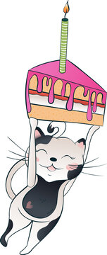 Fototapeta Cartoon cat is holding slice with pink icing, striped candle on transparent background, copy space