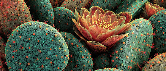 Close up view of a blooming cactus flower surrounded by green cactus pads with red spines visible