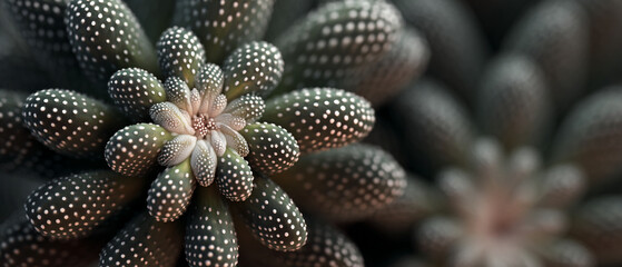 A close up of a succulent plant with white spots on its leaves in a dark and moody setting outdoors