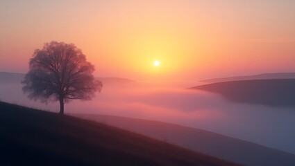 Serene Sunrise over Misty Hills with Solitary Tree