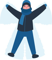 Child is making snow angel imprint in flat design, wearing blue winter gear, transparent background