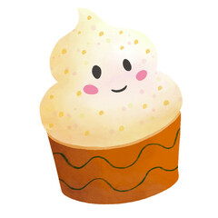 Smiling cream swirl is sitting in flat style on brown cup with green waves, transparent background