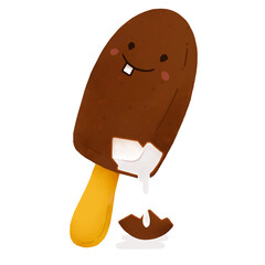 Cartoon chocolate-coated ice cream bar is smiling on stick, showing bite with puddle, transparent