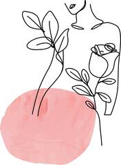 Flat line-art female form is entwining rose stems and leaves over pink wash, transparent background