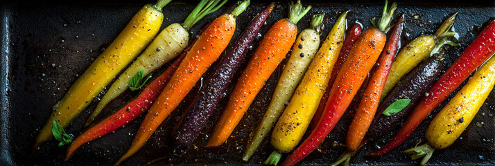 A top down view of colorful roasted carrots with green tops on a dark baking sheet surface