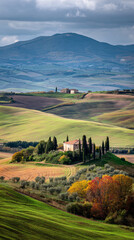 A scenic view of a house in a valley with trees and rolling hills under a cloudy sky in the countryside