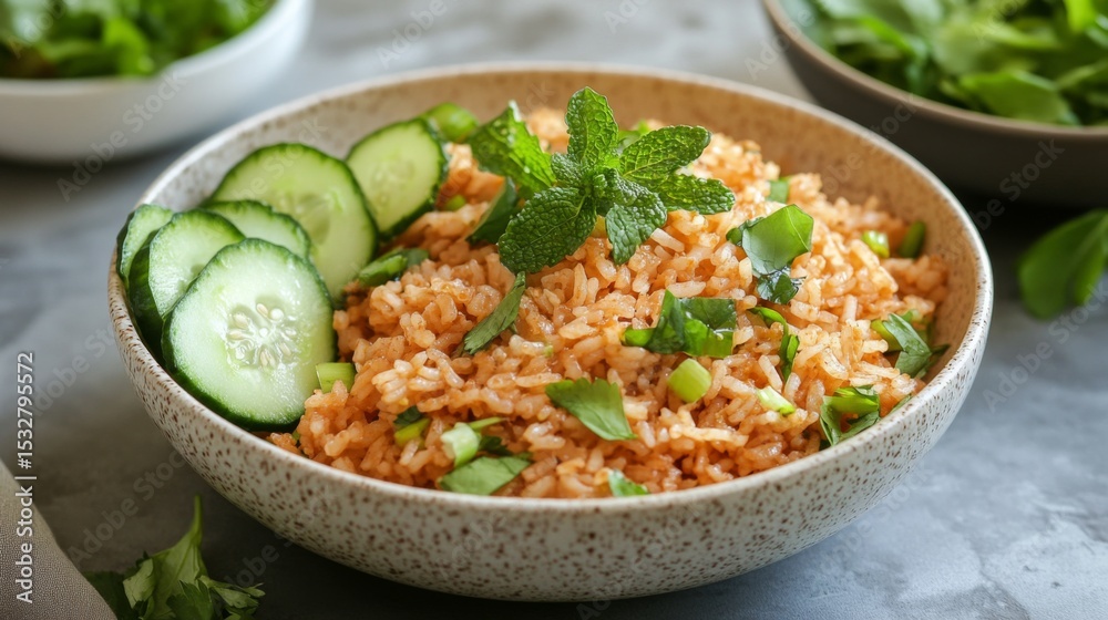 Poster an inviting bowl of omelet rice served with a side of fresh cucumber slices and herbs, showcasing th