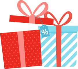 Floating gift boxes on transparent bg, showing striped wrapping, polka dots, ribbons, discount tag