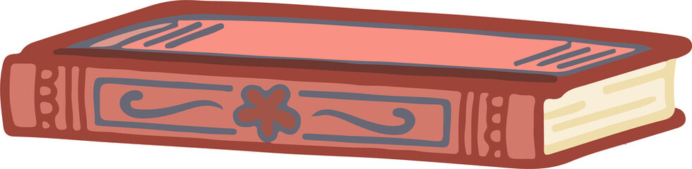 Flat design showing closed hardcover book with red and blue-gray patterns on transparent background