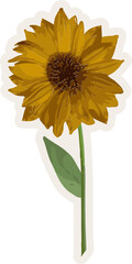 Sunflower is floating on transparent backdrop in flat design, showing bloom, stem and white outline