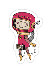 Sticker-style astronaut is floating on transparent background, showing red helmet, gold rivets