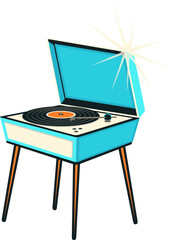 Stylized vintage turntable is standing on wooden legs, showing open vinyl, transparent background