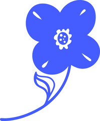 Blue five-petal flower is showing central disc and leaf in vector art, transparent background