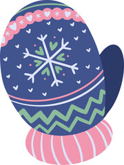 Flat design mitten showing navy blue with pink cuff and snowflake motif on transparent background