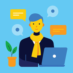 Vector Illustration Man Working on Laptop, Communicating Online