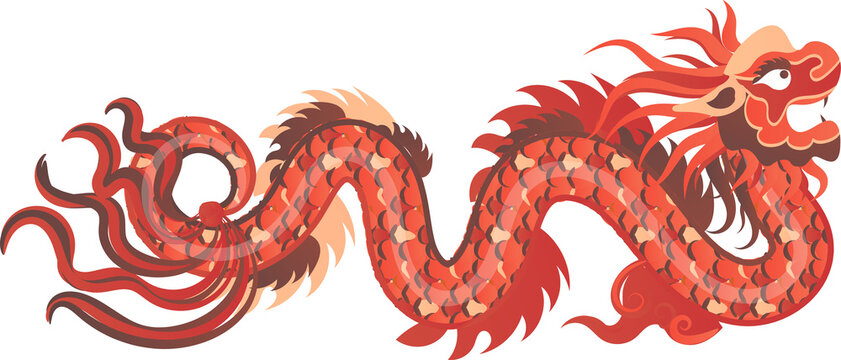 East Asian dragon is undulating in flat art with scales, whiskers, clouds, transparent background