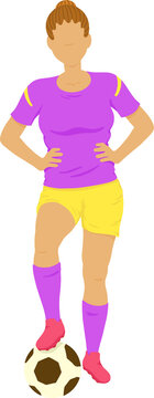 Fototapeta Flat design female soccer player is standing on transparent background with classic soccer ball