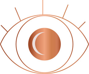 Showing copper-gradient eye icon on transparent backdrop featuring five radial lines, crescent moon