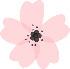 Vector-style pink blossom is floating on transparent background, showing six petals and stamen dots