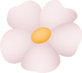 Flat stylized flower is showing six pale pink petals around yellow disc, transparent background