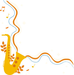Stylized yellow saxophone is sending ribbons foliage notes sparkle stars on transparent background