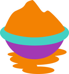 Flat art is showcasing purple bowl with turquoise rim holding orange mound, transparent background