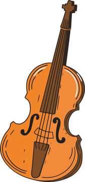 Violin illustration showing cartoon style wooden instrument with f-holes on transparent background