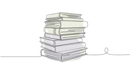 Stack of books one line drawing with watercolor fill, minimalistic vector illustration on white background