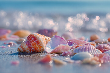 A collection of seashells scattered on the beach with ocean waves in the soft blurred background