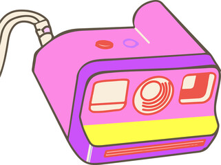 Displaying flat design instant camera with lens or windows or slot or button or strap on transparent