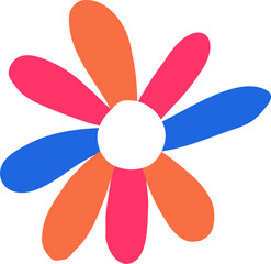 Flat-design flower icon featuring white disc with eight multicolor petals on transparent background