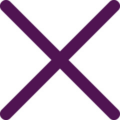 Purple X shape being displayed in flat style with two thick diagonal bars on transparent background