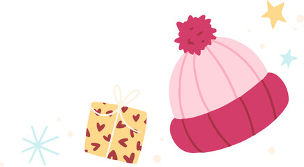 Flat vector winter hat and gift box are floating on transparent background with stars and dots